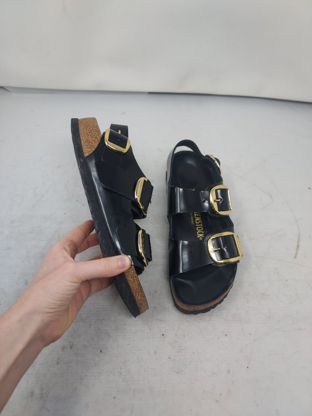 Birkenstock WOMENS Black Milano Big Buckle Patent Sandal